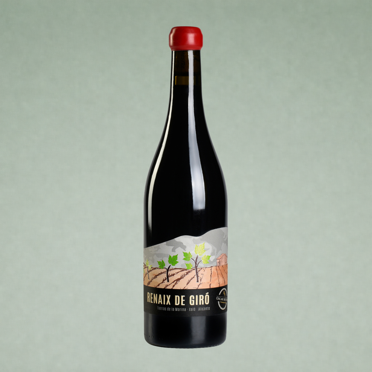 Botella de vino tinto Renaix de Giró con etiqueta ilustrada de viñedo sobre fondo neutro.