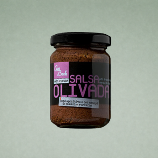 Salsa olivada Can Bech tarro de cristal con etiqueta negra y texto rosa