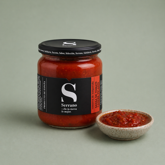 Tarro de salsa de tomate casera picante Serrano con porción servida en un cuenco.