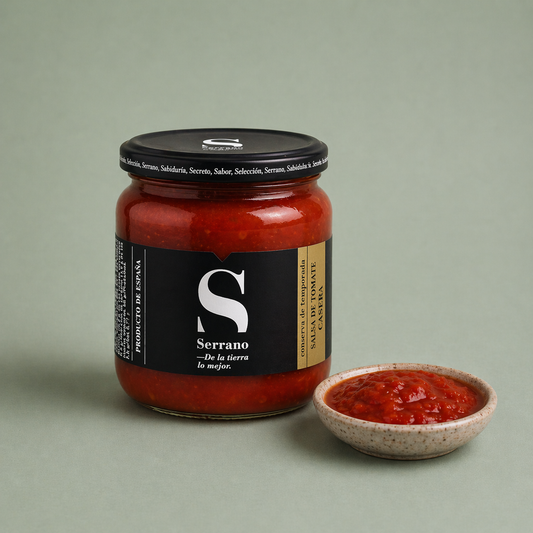 Tarro de salsa de tomate casera Serrano con porción servida en un cuenco.