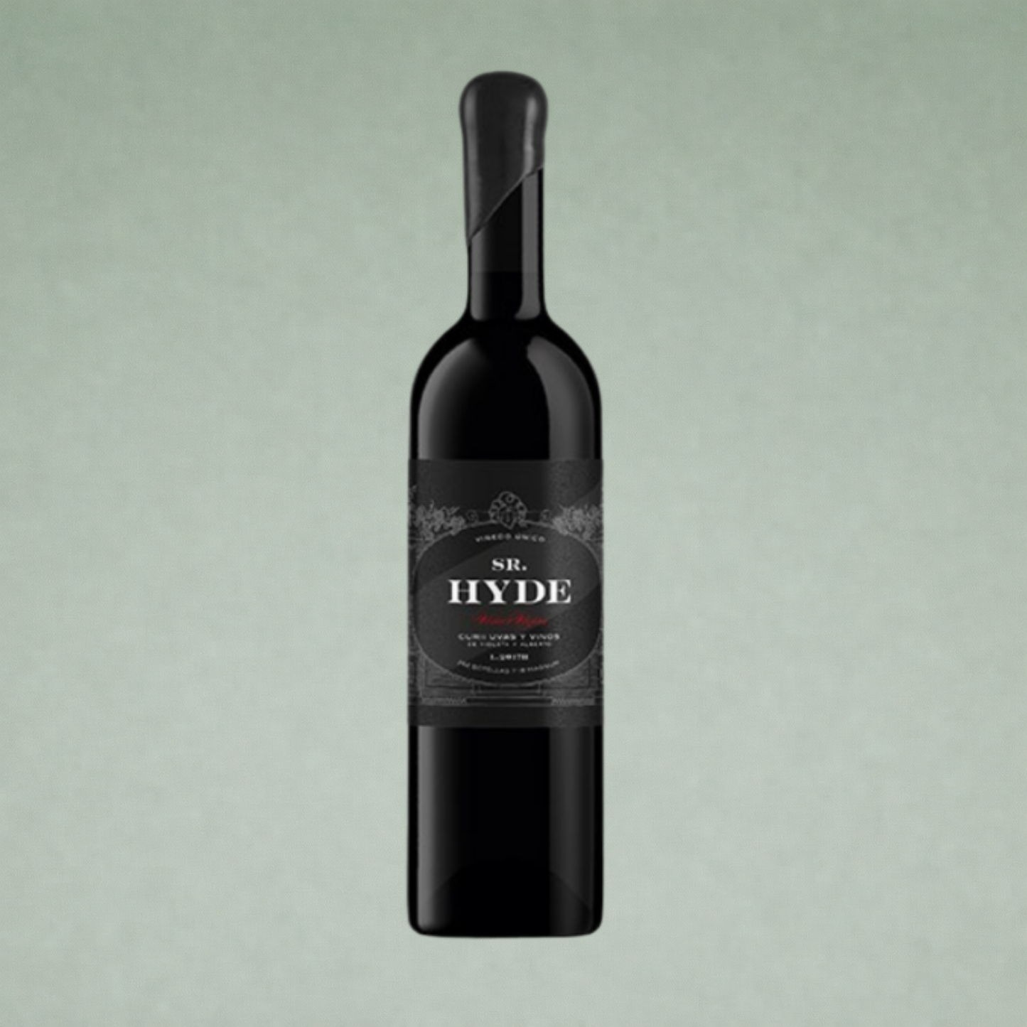 Botella de Sr. Hyde, vino tinto de Curii Uvas y Vinos con etiqueta negra elegante.