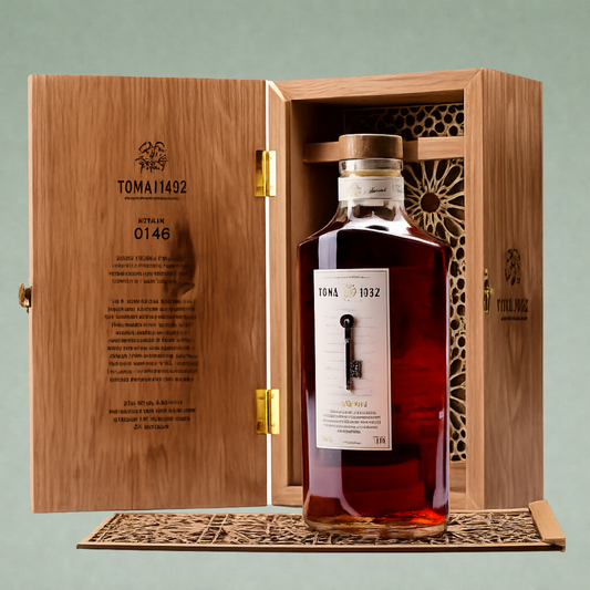 Toma 1492 botella premium en estuche de madera con diseño artesanal