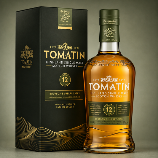 Botella de Tomatin 12 Years Bourbon & Sherry Casks Highland Single Malt Scotch Whisky con estuche original negro.