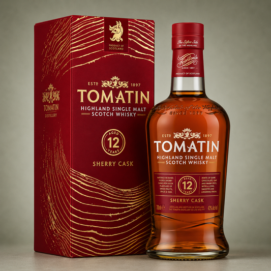 Botella de Tomatin 12 Years Sherry Cask Highland Single Malt Scotch Whisky con estuche rojo original.