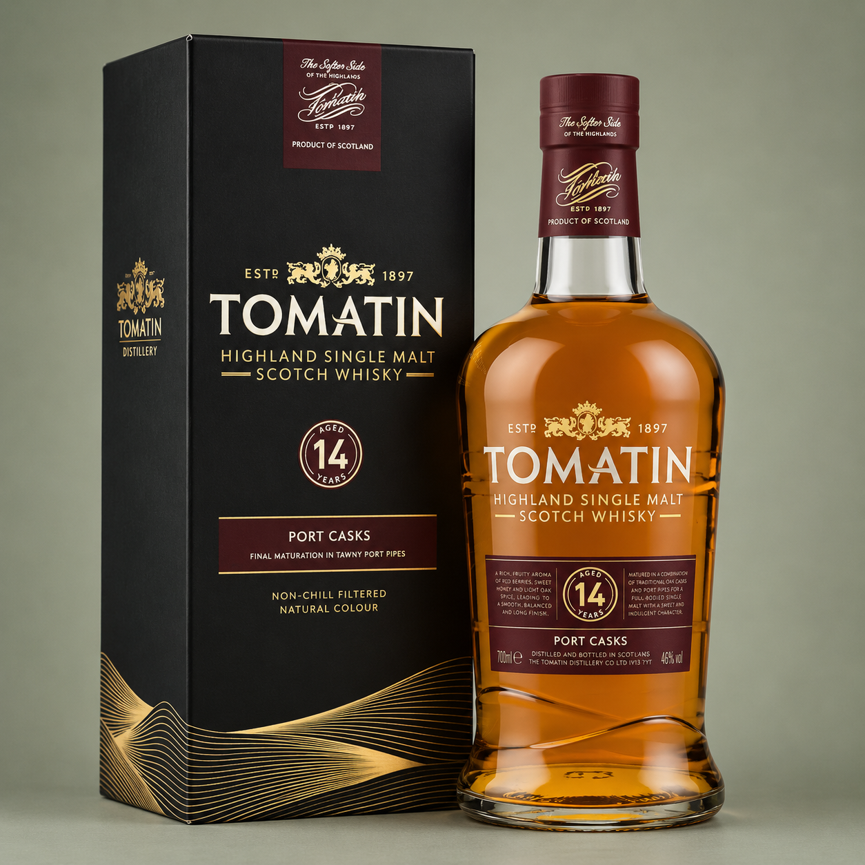 Botella de Tomatin 14 Years Port Casks Highland Single Malt Scotch Whisky con estuche original de presentación.