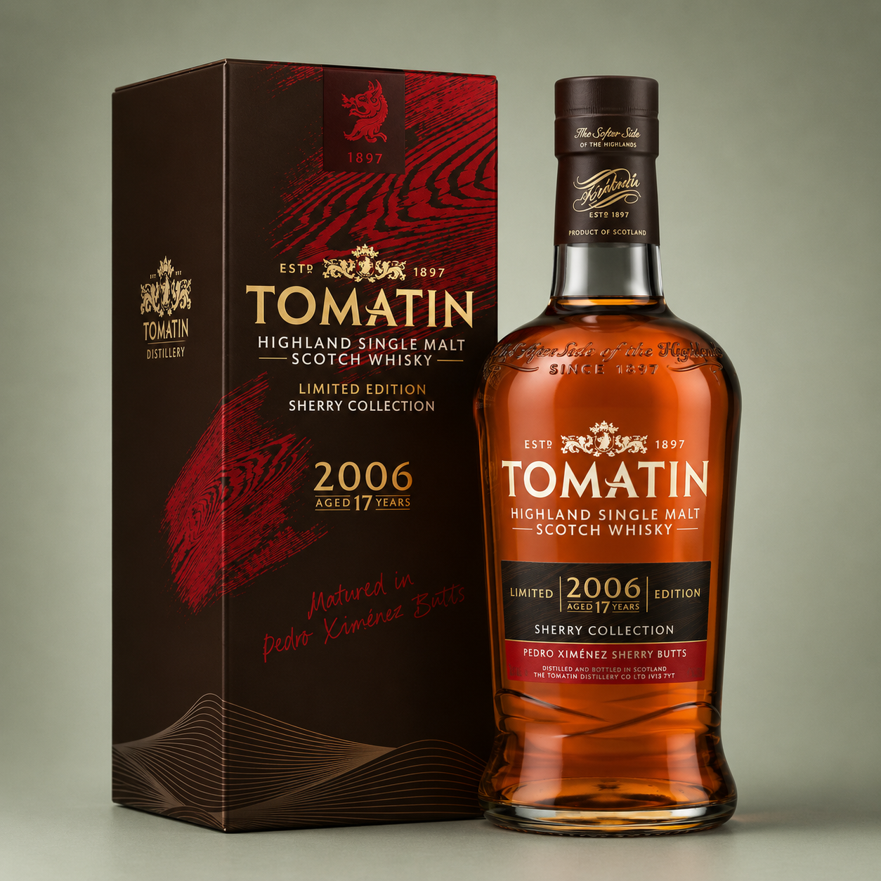 Botella de Tomatin 2006 17 Years Sherry Collection Pedro Ximénez con estuche edición limitada.