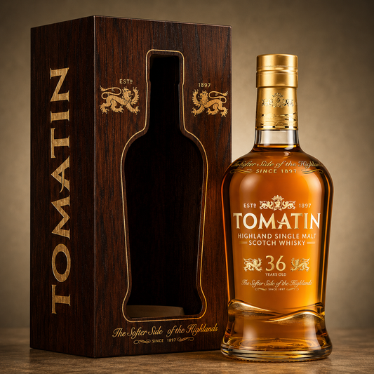 Botella y estuche de madera de whisky Tomatin 36 Years Highland Single Malt Scotch Whisky.
