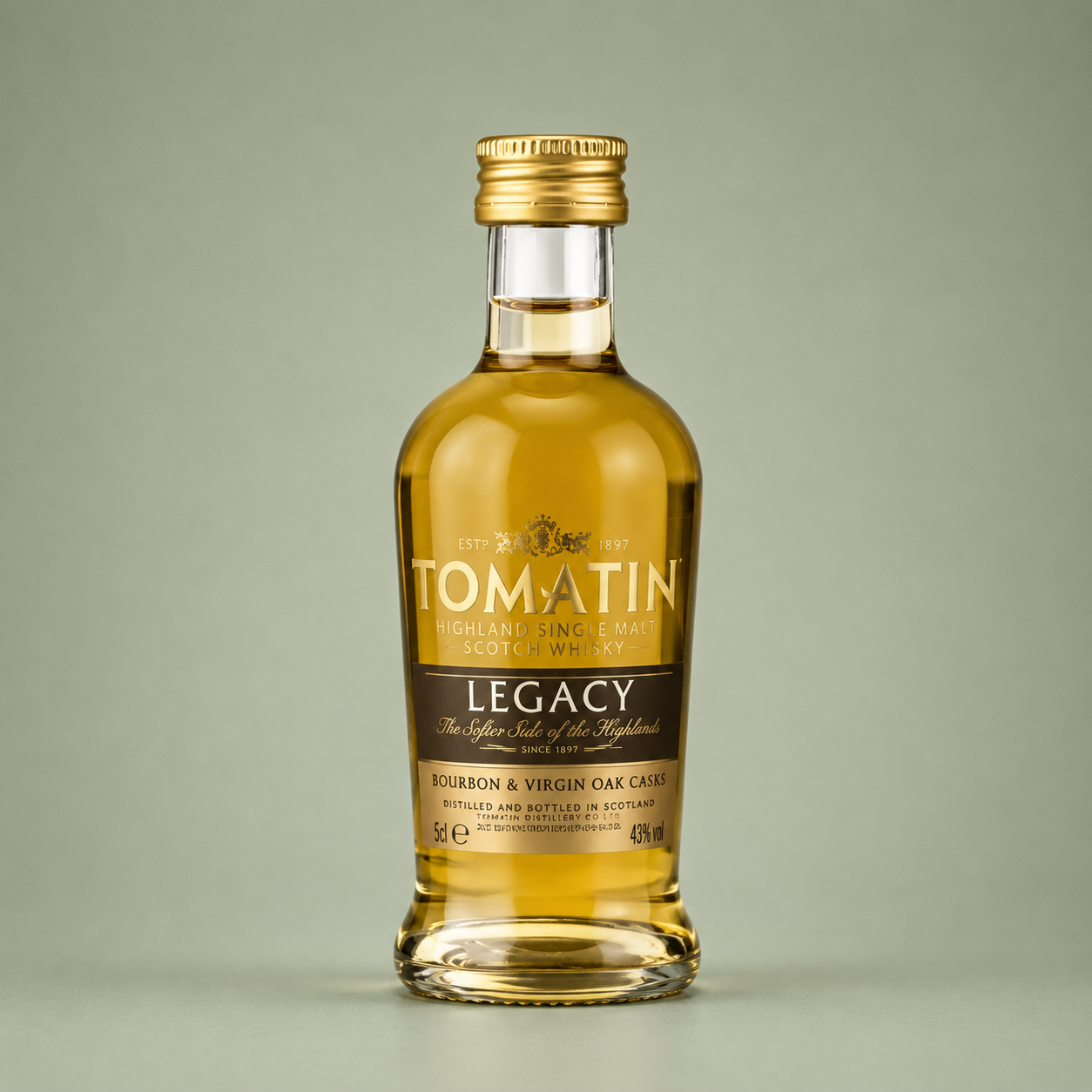 Miniatura de whisky Tomatin Legacy Highland Single Malt Scotch Whisky de 5 cl.
