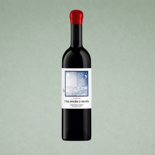 Botella de Una noche y un día, vino tinto de Curii Uvas y Vinos con etiqueta ilustrada de paisaje día y noche.