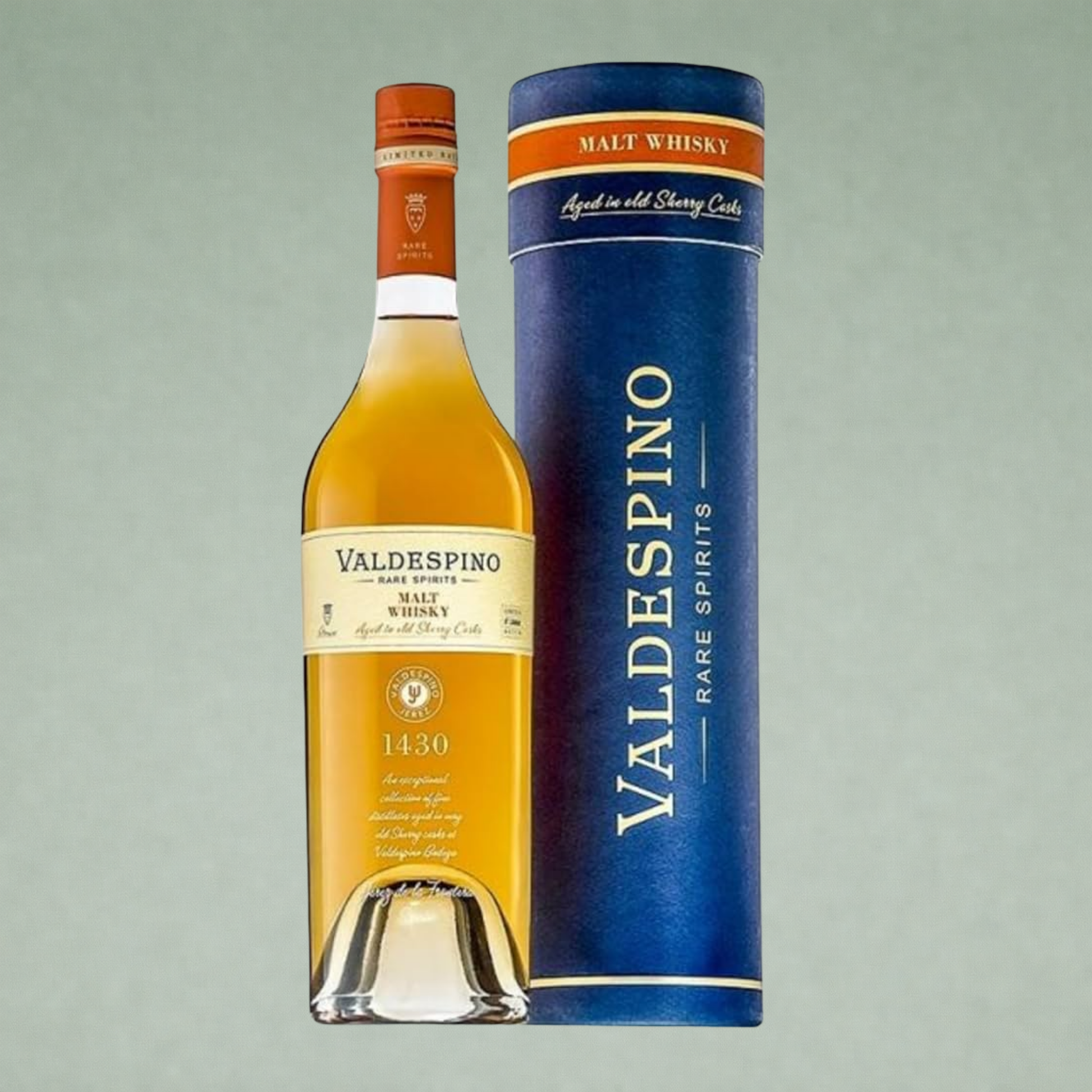 Valdespino 1430 whisky botella con estuche cilíndrico azul