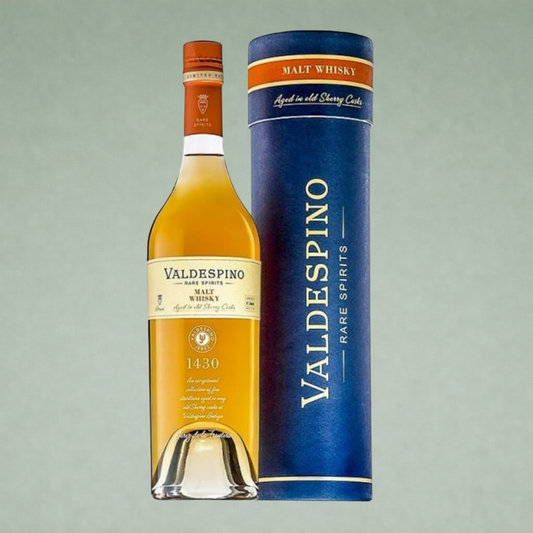 Valdespino 1430 whisky botella con estuche cilíndrico azul