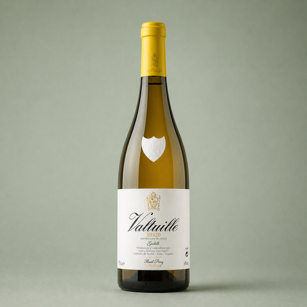 Botella de vino blanco Valtuille Godello de Raúl Pérez elaborada en la DO Bierzo.