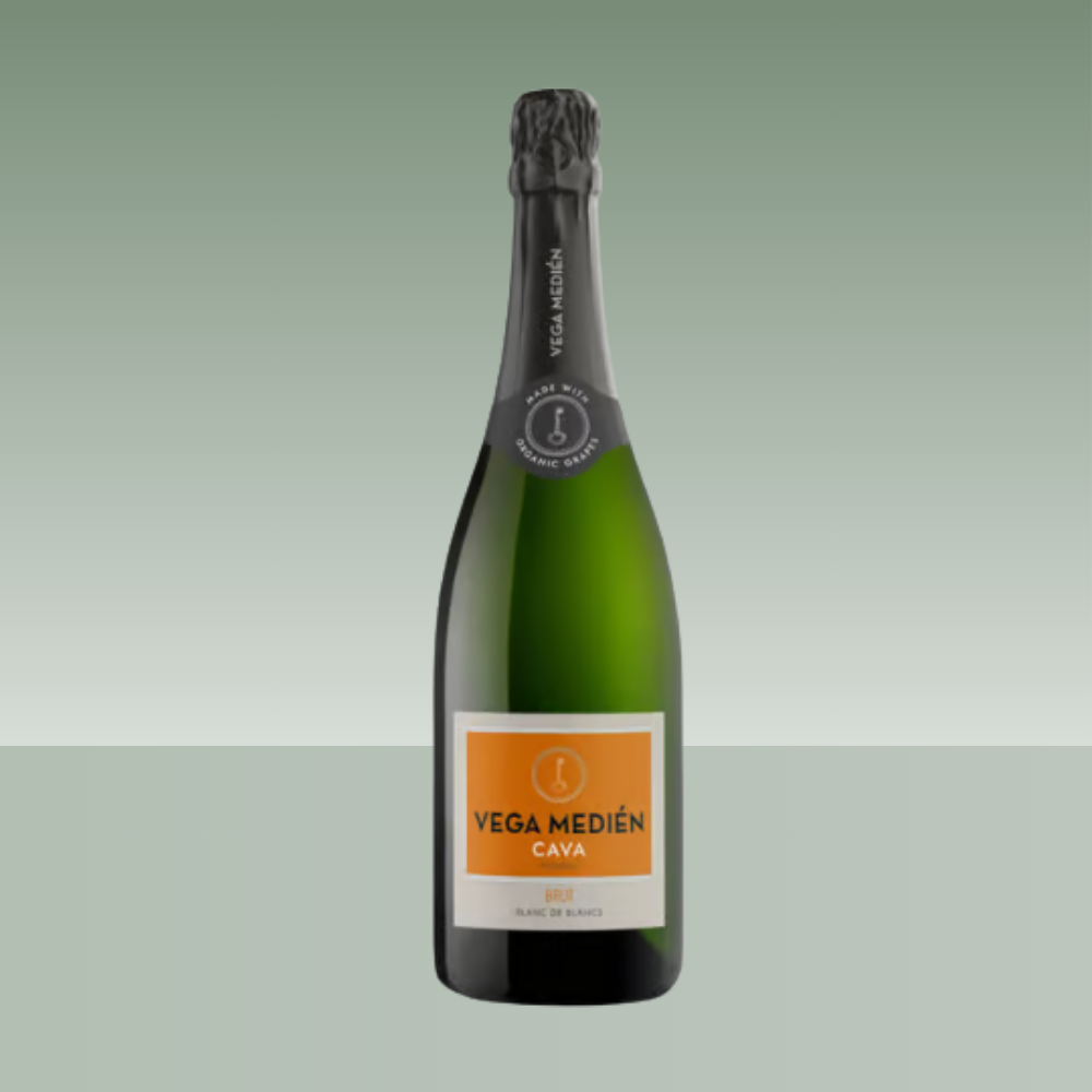 Botella de Vega Medién Cava Brut Blanc de Blancs ecológico.