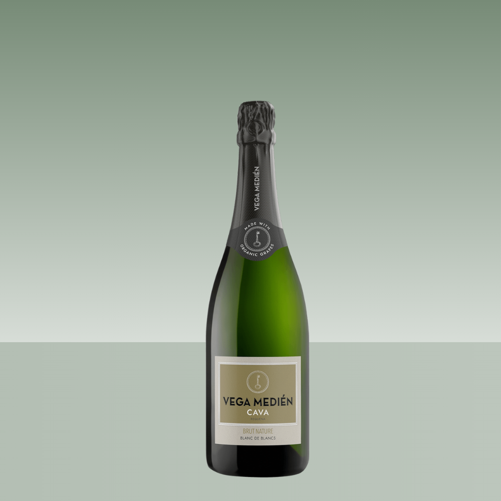 Botella de Vega Medién Cava Brut Nature Blanc de Blancs ecológico.