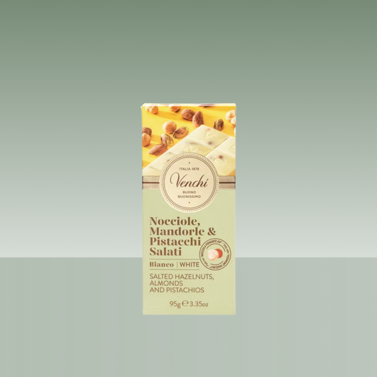 Tableta de chocolate blanco Venchi con avellanas, almendras y pistachos salados 95 g.