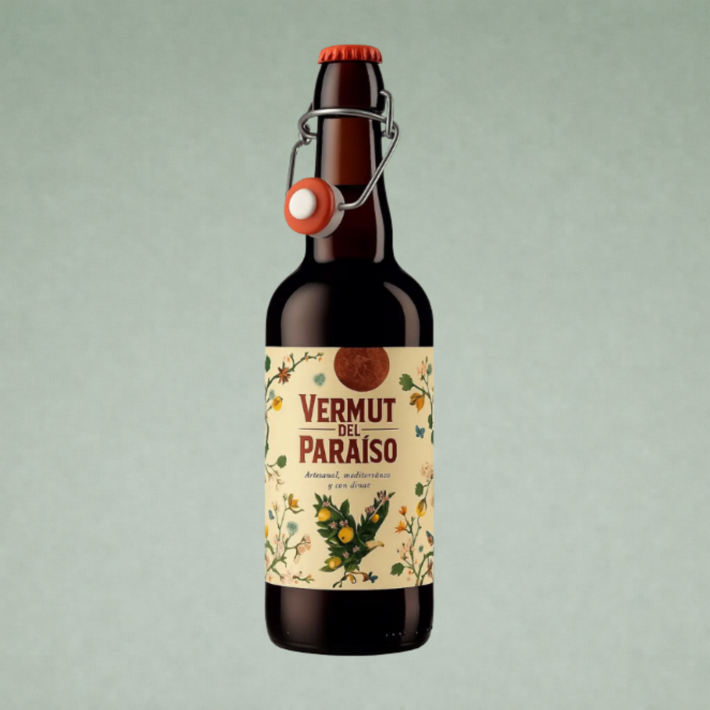 Vermut del Paraíso botella con tapón mecánico y etiqueta ilustrada