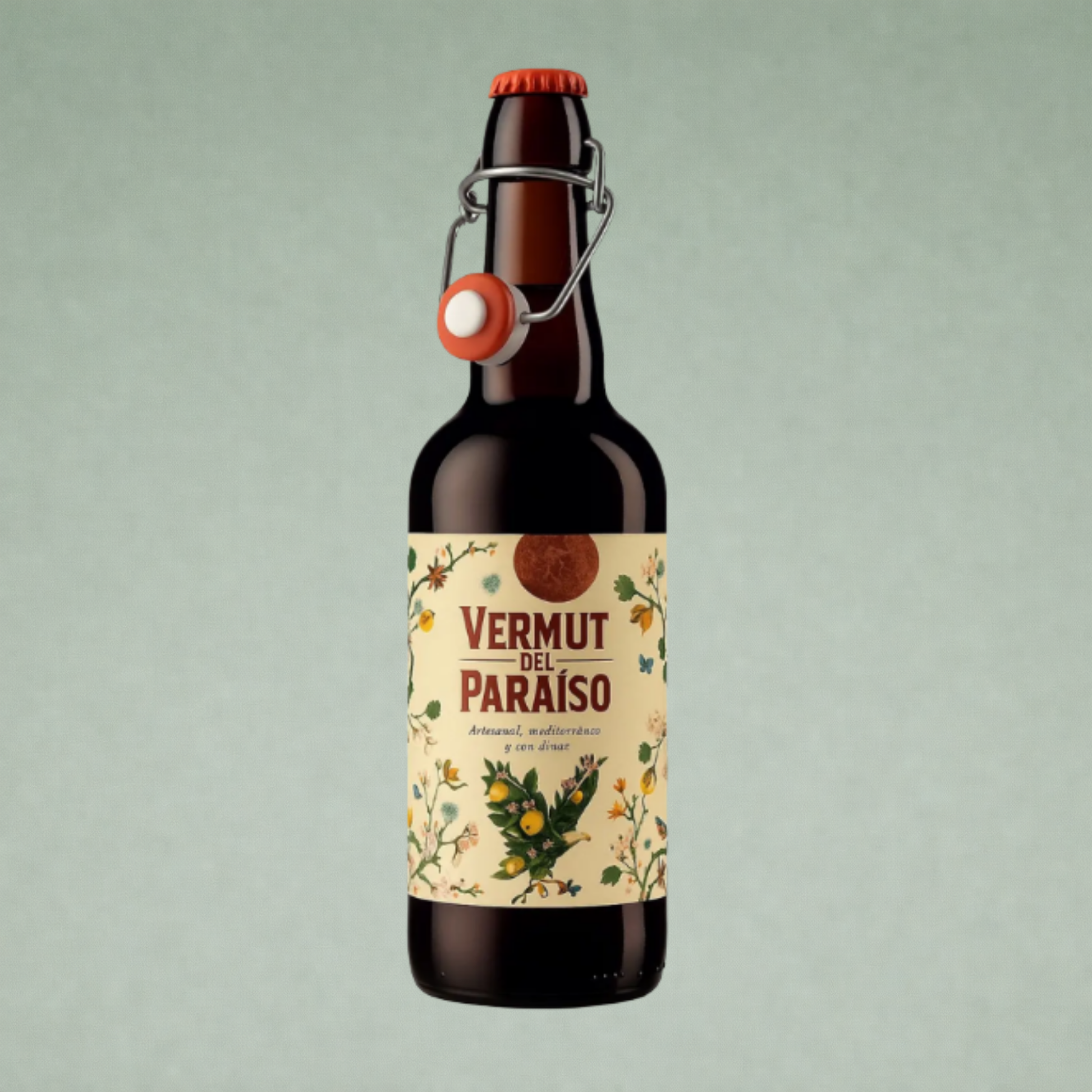 Vermut del Paraíso botella con tapón mecánico y etiqueta ilustrada