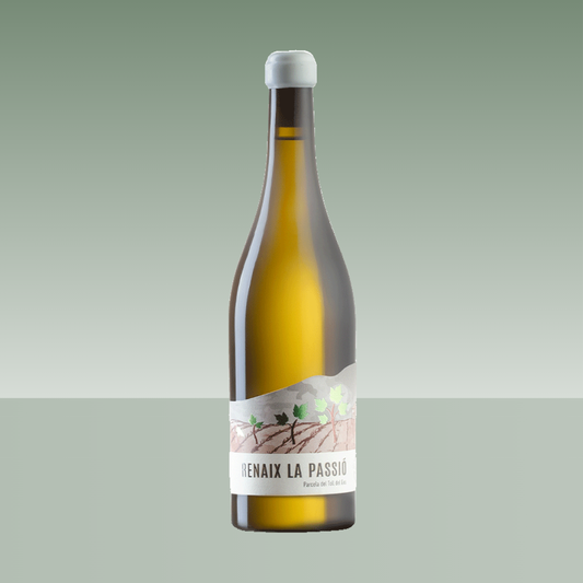 Botella magnum de vino blanco Renaix la Passió, con cápsula blanca y etiqueta ilustrada con motivo de viñedo y brotes verdes.