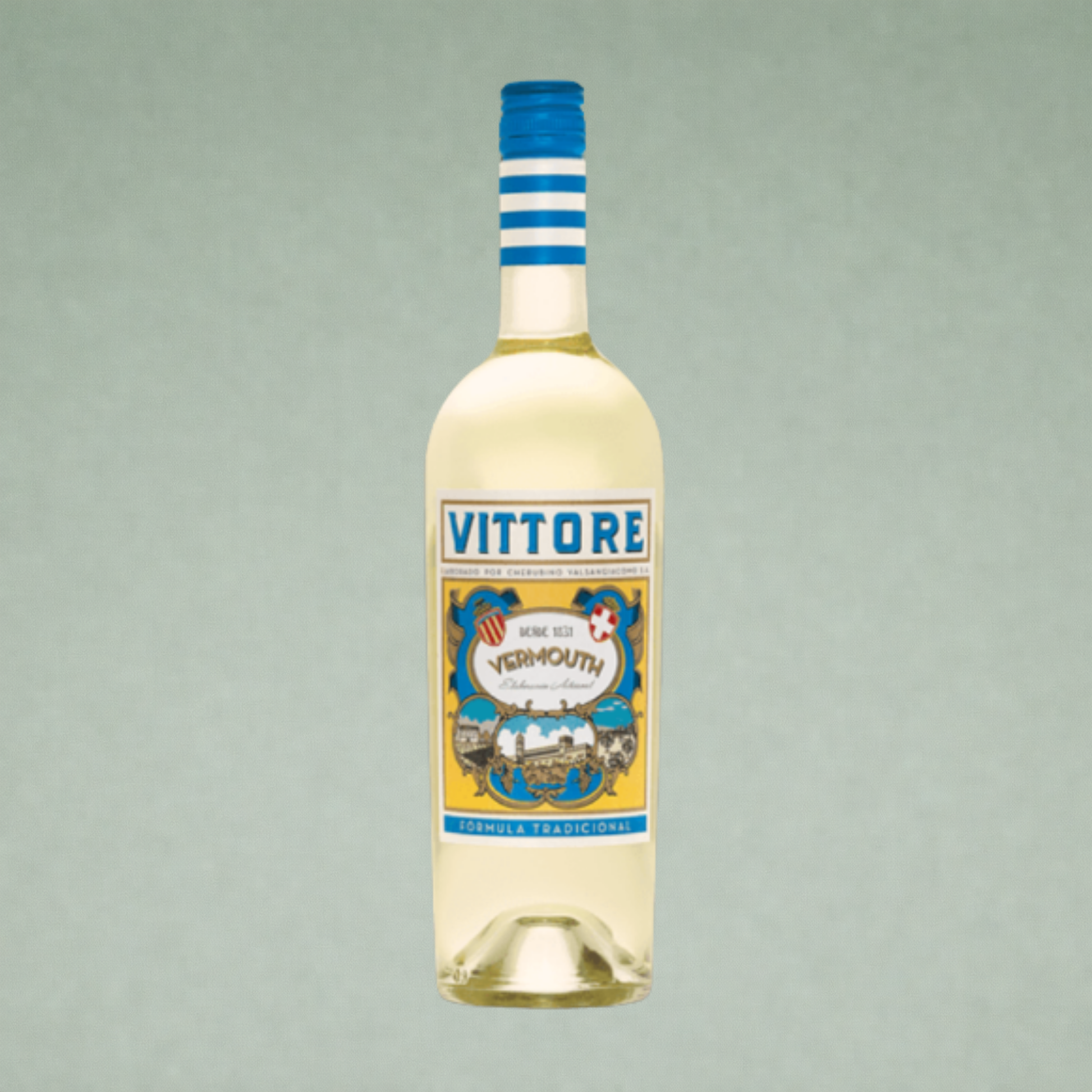 Vittore vermouth blanco botella con etiqueta clásica y colores vivos